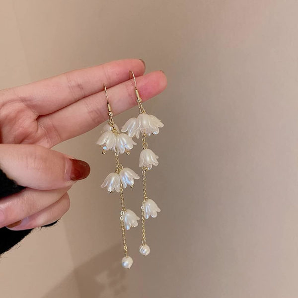 Bell Orchid Flower Dangle Drop Hook Øredobber for Kvinner Jenter Dainty Pearl