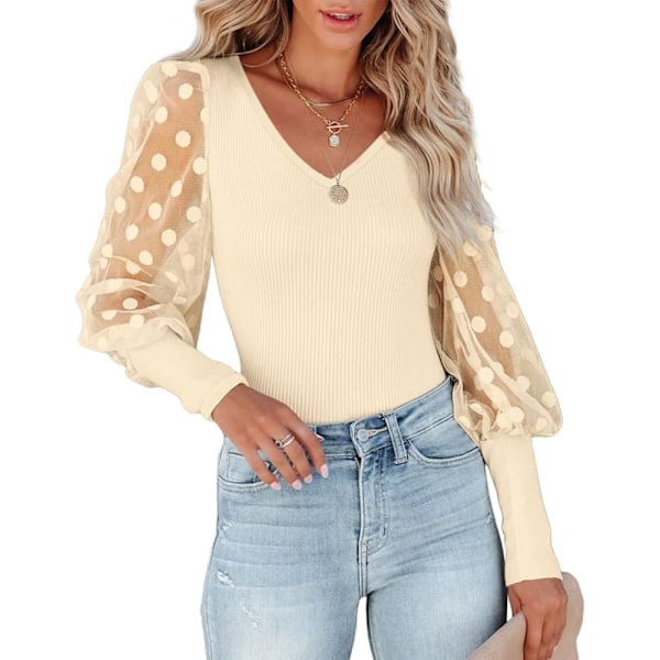 Kvinners Puffy Mesh Blonder Langærmet Topper V-Hals Polka Dot Bluse Casual Ribbet