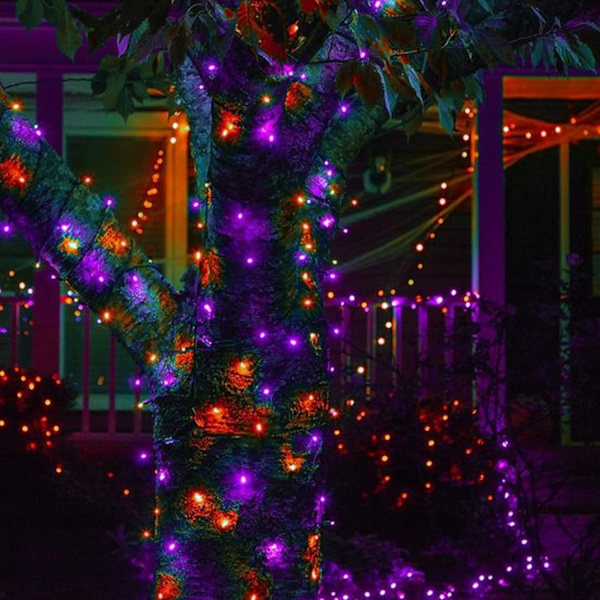 Lilla og orange Halloween 33FT 100 LED lyskæder, vandtætte sammenkædede lyskæder, stik til fest, have, gård, indendørs og udendørs lilla
