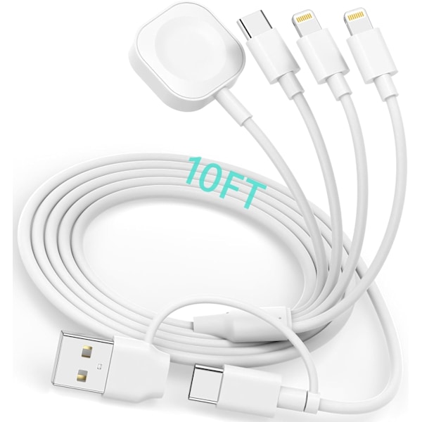 6 i 1 USB A/C-kabel för Apple Watch iPhone laddningskabel, 10FT Multi laddningskabel kompatibel med iWatch Ultra/SE/9/8/7/6/5/4/3/2/1&iPhone