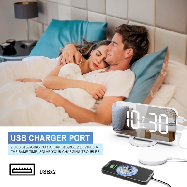 Hög digital väckarklocka för tunga sovare vuxna med sängvibrator, 2 USB-laddare, justerbar LED-lampa, snooze, larm, klocka för sovrum, vit
