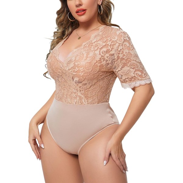 Plus Size Blonder Body med blonder og dyp V-hals med trykknapp i skrittet