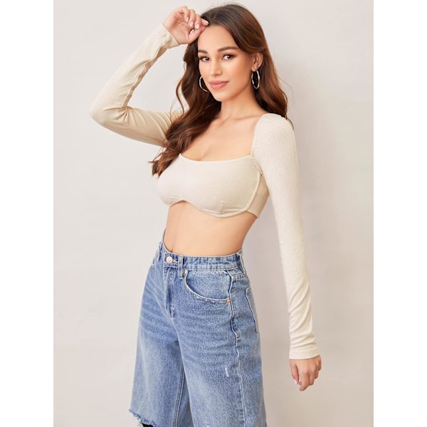 Søt korsetttopp for kvinner med lange ermer Crop Tops firkantet hals