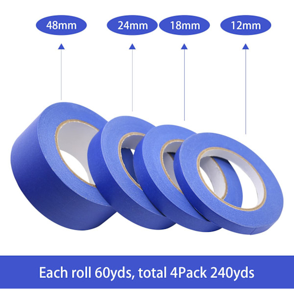 4-pack blå målartejp, 1/2\" 3/4\" 1” 2” x 60yds, multistorlek