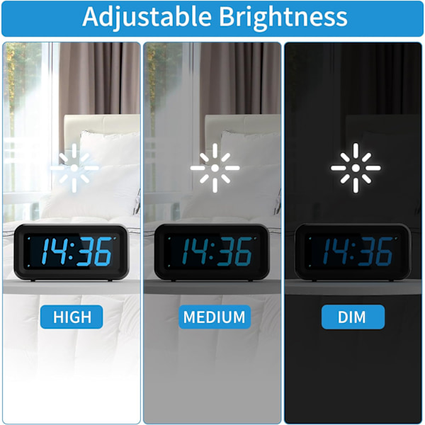 Väckarklocka, sladdansluten/batteridriven, uppgraderad större knapp, 1,2-tums LED-siffervisning, justerbar LED-ljusstyrka, 12H/24H, blå LED-display