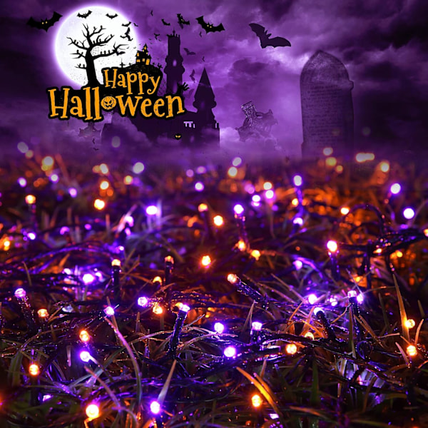 Oransje og lilla Halloween solcellelysslynger 72ft x 2 pakker 200 LED 8 moduser Vanntett solcellelysslynger for hage, uteplass, gjerde, balkong,