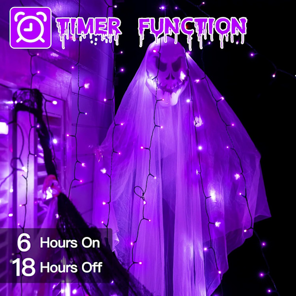 66FT 200 LED Halloween-lys, lilla Halloween-lys utendørs med 8 lysmoduser, vanntette Halloween-lyskjeder for jul utendørs