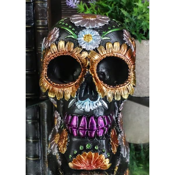 Ebros Black Day of The Dead Floral Blooms Sugar Skull Figurine DOD Skulls Statue 6\" Lang Som Ossuary Macabre Decor Samleobjekt (Spring Spring