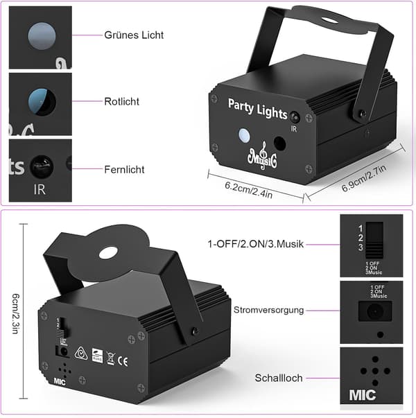 Mini diskolys festlys, diskolys med fjernkontroll, 32 mønster strobe festlys med musikkontroll, USB diskokule festlys for