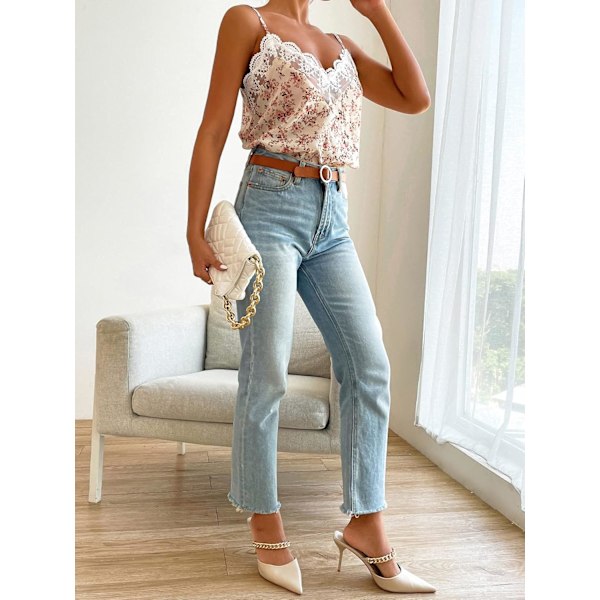 Kvinners Blomstermønstret Blonder Trim Spaghetti Stropp Cami Topp Camisole