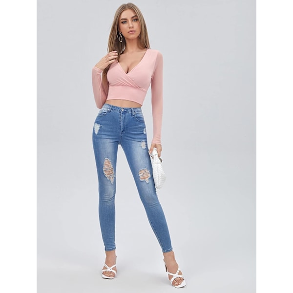 Kvinde Surplice V-hals Kontrast Mesh Gennemsigtig Langærmet T-shirt Crop Top