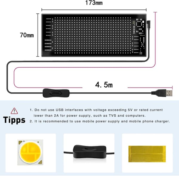 wxsp Flexibel LED-skärm, LED-slingtext, programmerbar med Bluetooth-appkontroll, USB-driven LED-skärm för bil, lastbil, butik, bar, graffiti,