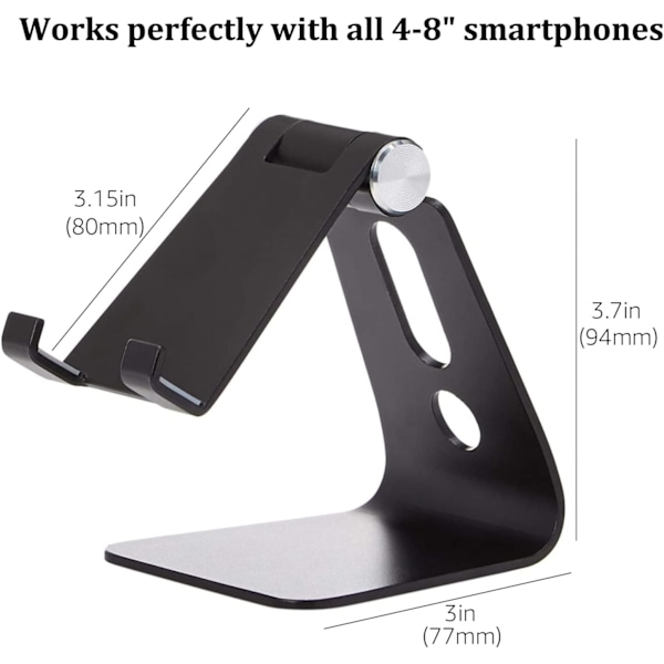Säädettävä alumiininen puhelinjalusta iPhone- ja Android-puhelimille, musta, 8,4 x 7,6 x 10,7 cm (PxLxK) Musta