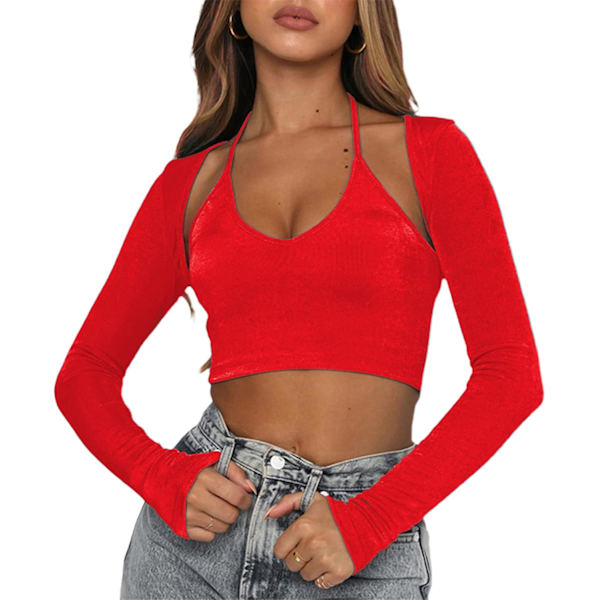 Kvinners Sexy 2 i 1 Cut Out Halter Lang Ermet Avling Top T-skjorte