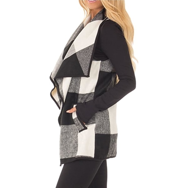 Dame Vest Lapel Åben Front Buffalo Plaid Ærmeløs Cardigan Jakke Frakke med