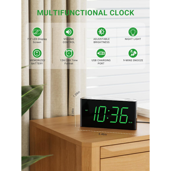 Väggklocka för sovrum, 7,5\" stor display LED-digitalklocka med 7-färgad nattlampa, USB-telefonladdare, dimmer, batteribackup, enkel att ställa in