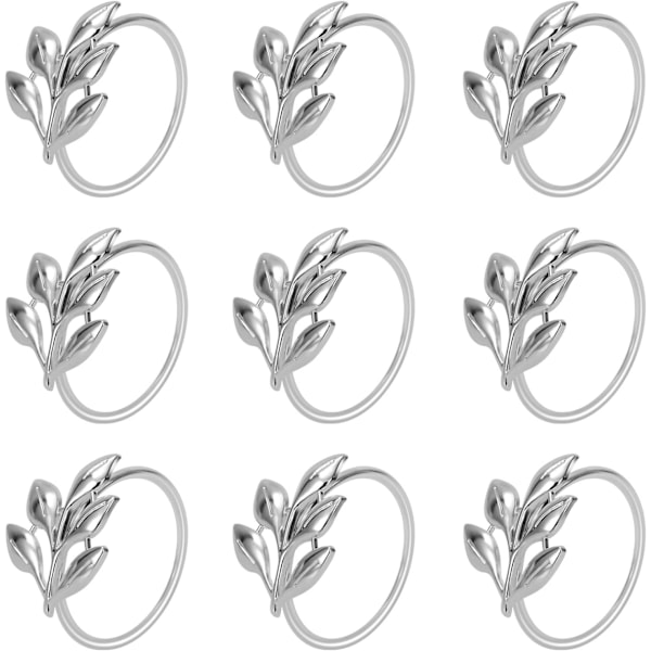 Set med 20 serviettringer i bladform, metall, sølv, serviettholder, bordserviettringer for