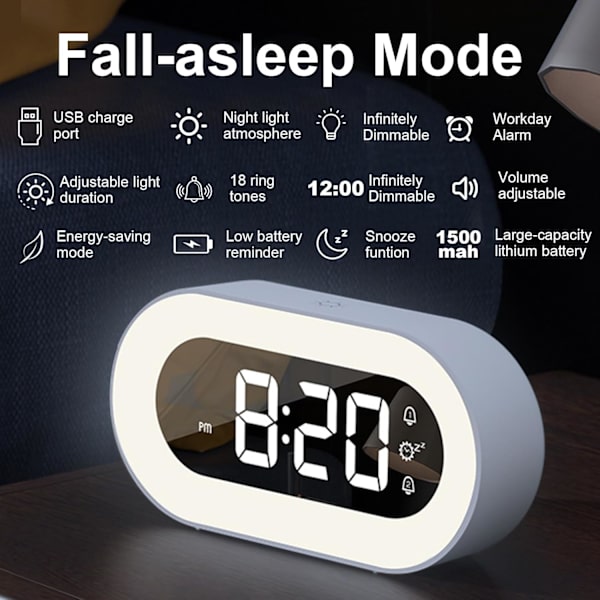 Väckarklocka, nattlampa + väckarklocka, stor display med fet stil, justerbar alarmvolym, 12/24 timmar, snooze, litet skrivbord för sovrum svart