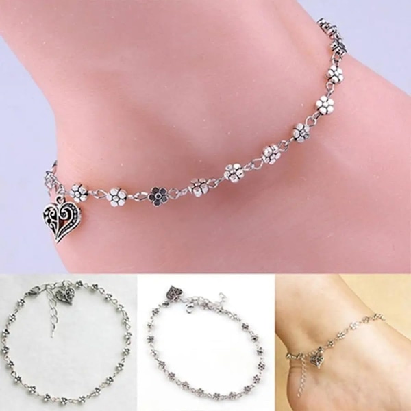 Ny 2025 Fashion Fotkedja Tibetanskt Silver Hål Blommor Hjärtformad Fotlänk för Kvinnor Modeaccessoarer Kreativ Present Som Bild Som Bild