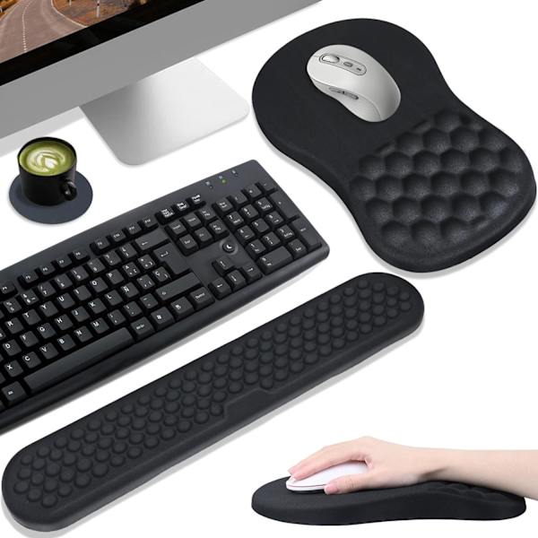 Ergonomisk musemåtte med håndledsstøtte, musemåtte med håndledsstøtte, tastaturhåndledsstøtte skridsikker PU-base massagedesign og memory foam sæt relief sort