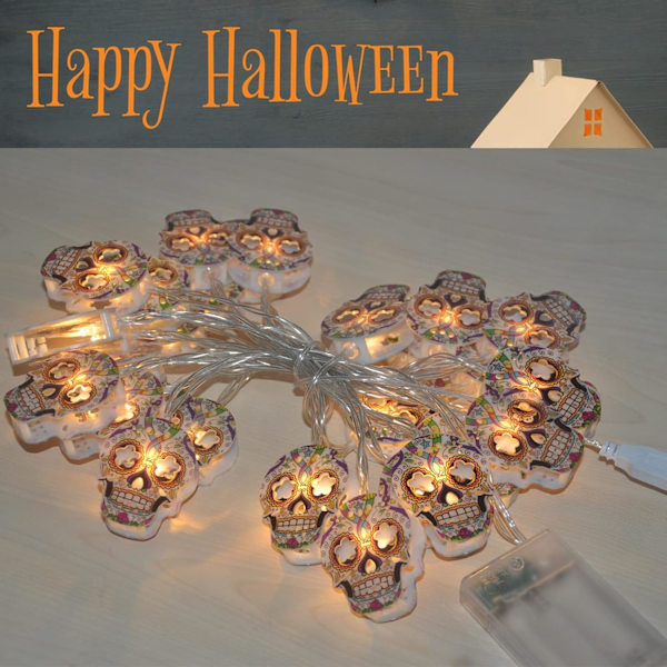 Halloween-lyskæde, 2 pakker kranie-lyskæde 30 LED kranie-lys 15ft Halloween-dekoration lys Batteri/USB-drevet Valgfrit 2 tilstande