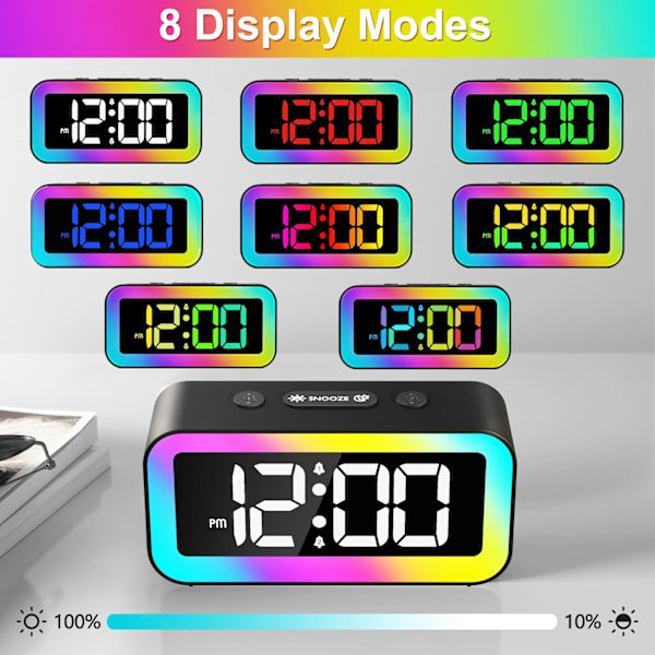 Färgglad nattlampa LED digital väckarklocka med superhög dubbelalarm, vardagsläge, snooze, dimmer, USB-laddningsport för vardagsrum, sovrum,