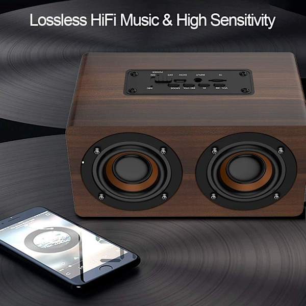 Trådlös Bluetooth-högtalare i trä, retro tung bas musikspelare stödjer FM-radio väckarklocka funktion för hemmakontor idé vänner (brunt korn)