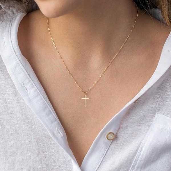 14K Gullbelagt Kors Halskjede - Lagdelt Sideveis Korsanheng - Elegant Motesmykke Gave til Kvinner