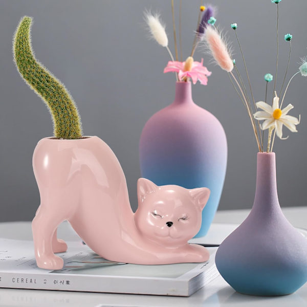 Unik kattkruka, inomhus- och utomhusväxtdisplayer, rolig keramik kattkruka, kattgåvor för kattälskare, härligt kontor skrivbord rum rosa