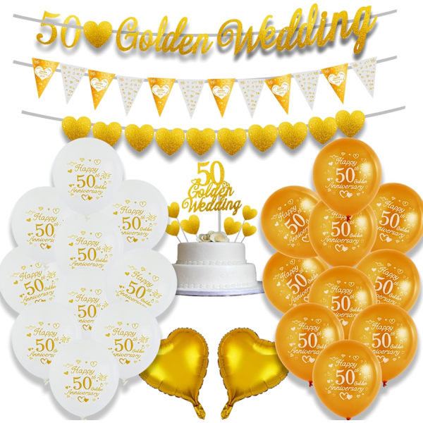 Gylne bryllupsdekorasjoner - 50-års bryllupsdag ballonger og kakepynt