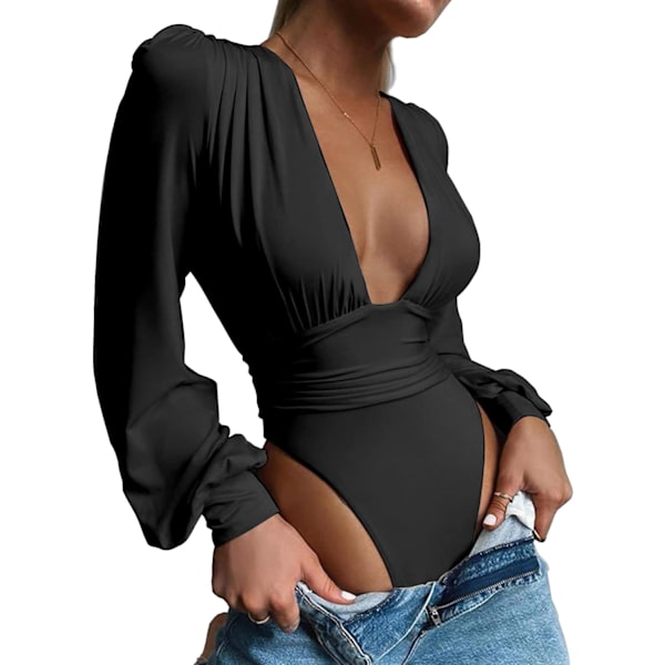 Kvinnors djupt V-ringad rynkad plisserad långärmad topp Leotard Bodysuit