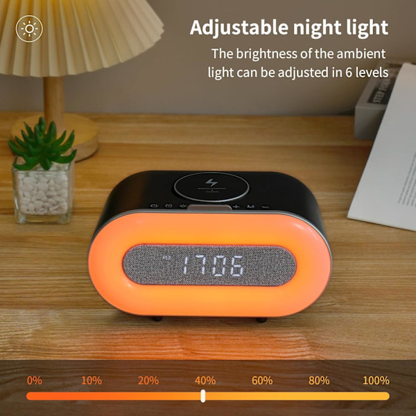 Bluetooth-högtalar väckarklocka med trådlös laddning 15W, RGB omgivande sänglampa, 4000mAh batteri Bluetooth-klocka, smarta musikpresenter för vuxna