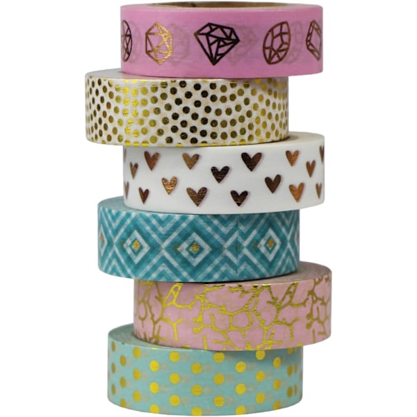 6 st dekorativa klistermärkespapper guldfolie Washi-tejp - självhäftande scrapbooking hantverkspresent, design 9042