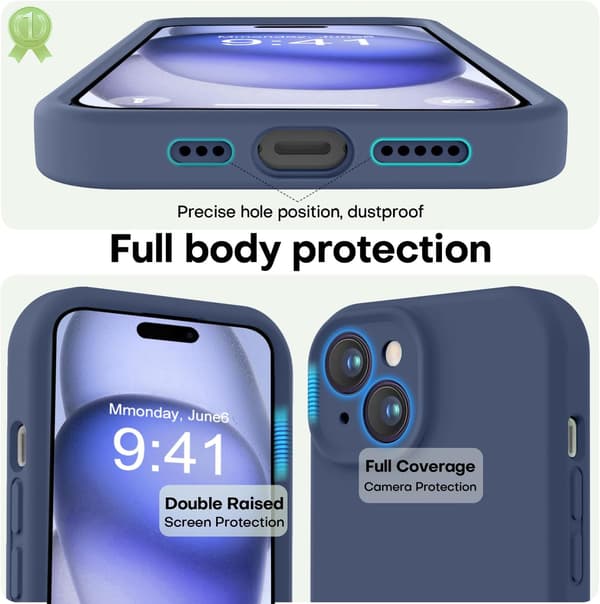 Glat silikone iPhone 15 cover med fuld kamerabeskyttelse - Blå