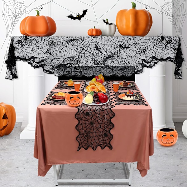 Halloween-dekorationsset, svart spetskrans för eldstad, spindelnätskrans för eldstad, rund spetsduk, spindelnätslöpare för bord