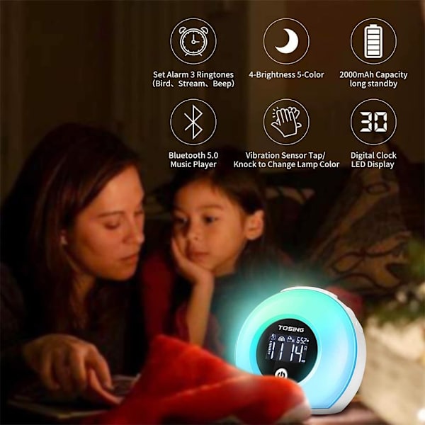 Vækkeur med solopgangslys til børn, tunge sovende, soveværelse, søvnhjælp, dobbeltalarmer, Bluetooth, natlys, 5 farver, 3 lyde, ideel til