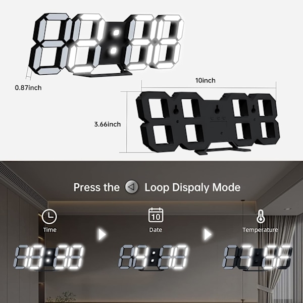 3D LED-vekkerklokke, estetisk klokke, fjernkontroll, automatisk lysstyrke, kule hvite lys og svart ramme - Perfekt for soverom, kontor og stue -