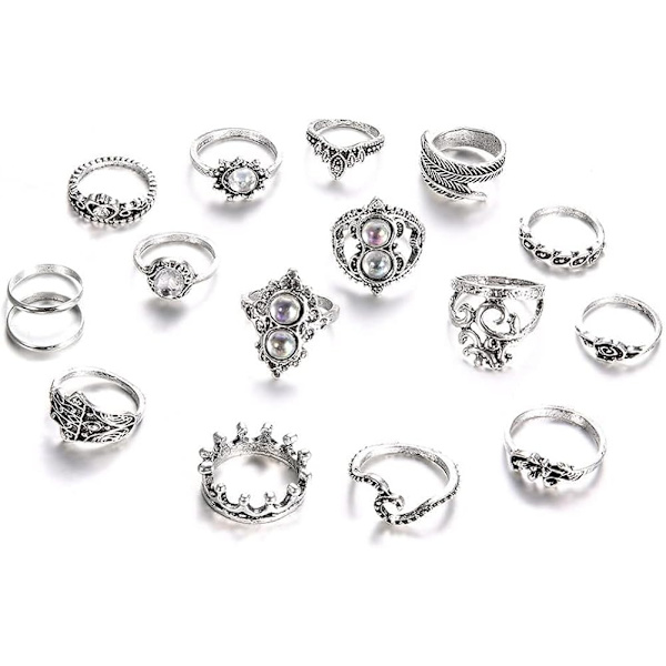 Vintage Boho Krystal Ring Sæt: 16stk Sølv Led Knuckle Ringe til Kvinder og Piger
