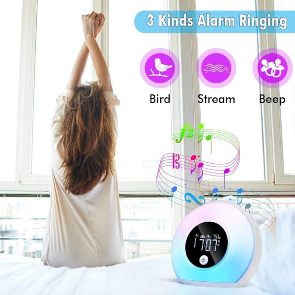 Väckarklocka med soluppgångsljus för barn, tunga sovare, sovrum, sömnstöd, dubbla larm, Bluetooth, nattlampa, 5 färger, 3 ljud, idealisk för