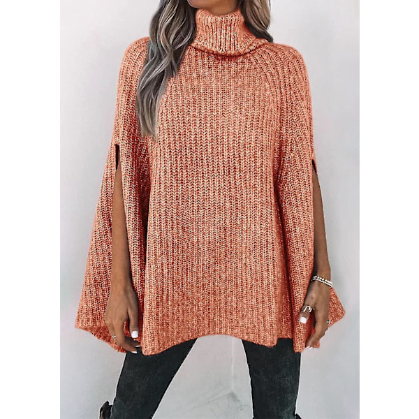 Dam Poncho Tröja med Hög Hals Höst Vinter 2023 Mode Grovstickad Cape Wrap Tröjor Pullover Jumper Toppar Orange Red Large