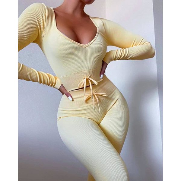 Träningsset för kvinnor 2 delar sömlös långärmad crop top ribbad hög