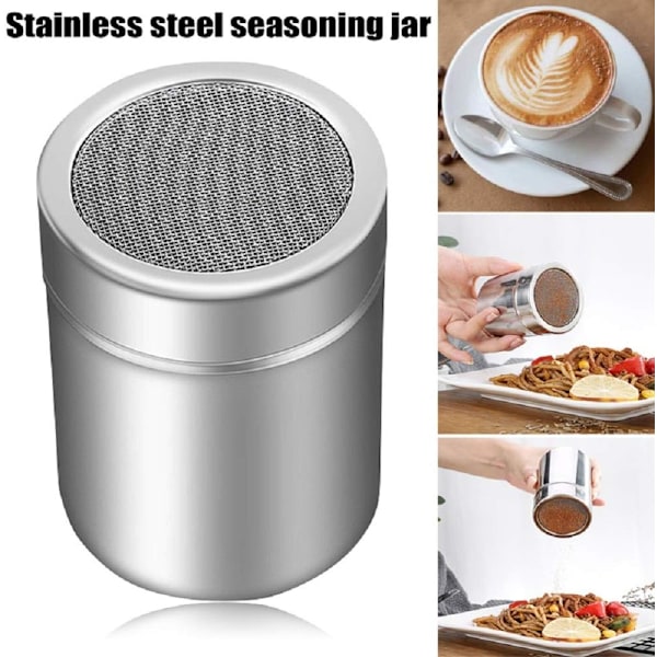 2 stk. rustfrit stålpuddershakere med fintmasket låg og trykskabeloner