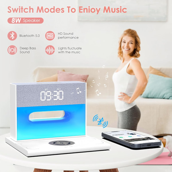 För sovrum, väckarklocka Bluetooth-högtalare, väckarklocka med trådlös laddning, 4 i 1 touch-sänglampa, Bluetooth-väckarklocka för tung vit