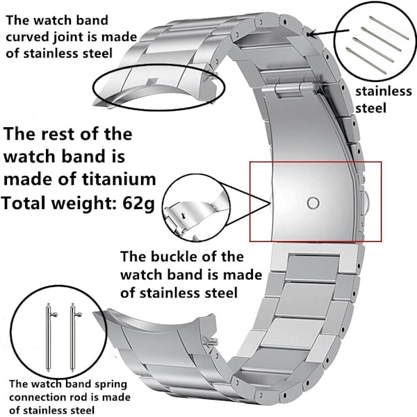 2024 Titaniumlegering Rem til Galaxy Watch 4 classic/4/5/5Pro/6/6classic Remme, Ingen huller Titaniumlegering Metal Rem Grå