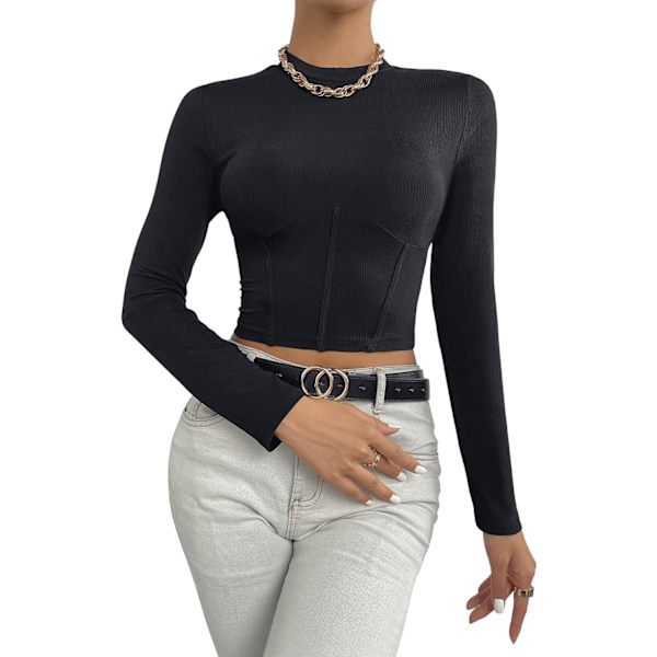 Kvinners Mock Neck Langarmet Ribbet Slim Fittet Crop