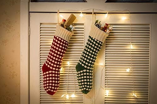 Julstrumpor, 18\" unika vinröda och gröna stickade julstrumpor med prickar (längd 18\", 2-pack)