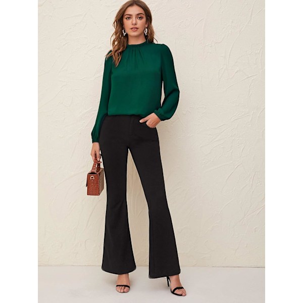 Elegant Mock Neck Bishop Långärmad Plisserad Blus Nyckelhålsrygg Enfärgad Topp