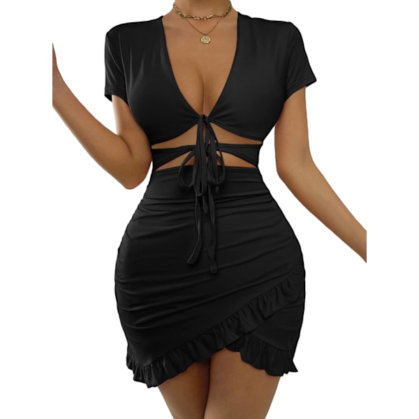 Deep V Neck Cut Out Mini Dress Women's Tie Front Short Sleeve Sexy Pencil Dresses