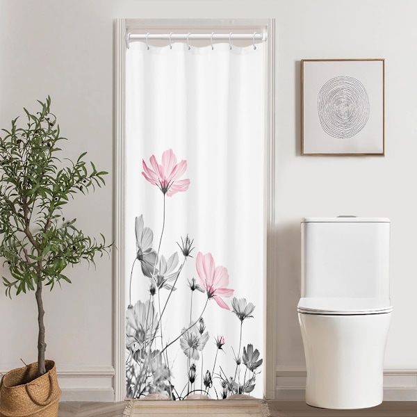 Pink Grå Bruseforhæng - Elegant Blomster Små Badeværelse Dekoration