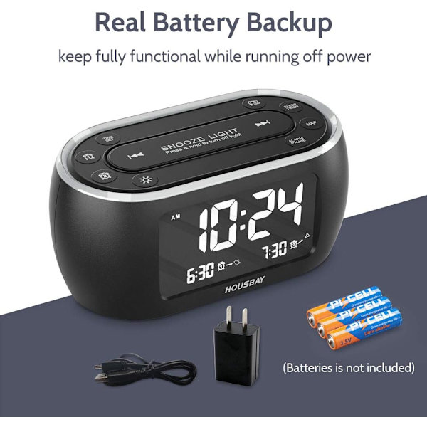 Glow Liten väckarklockradio för sovrum med 7-färgad nattlampa, dubbelalarm, dimmer, USB-laddare, baery-backup, naptimer, FM-radio med svart